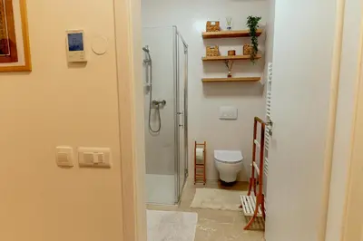 a bathroom with a shower and a toilet at Anur Apartment II in Ptuj