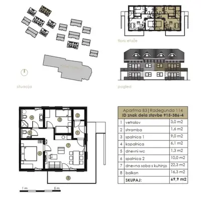 a floor plan and elevation of a house at Apartma JOŠT GOLTE in Mozirje