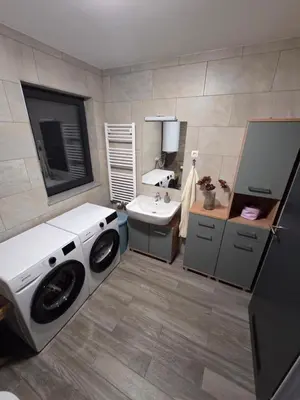 a bathroom with a washing machine and a sink at Apartma JOŠT GOLTE in Mozirje