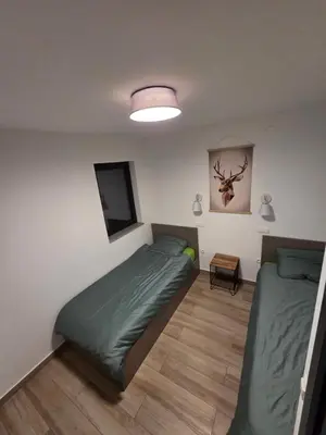 a bedroom with two beds and a flat screen tv at Apartma JOŠT GOLTE in Mozirje