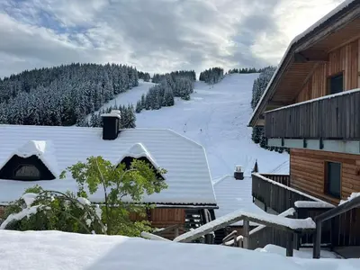 a snow covered roof of a house with a ski slope at Apartma JOŠT GOLTE in Mozirje