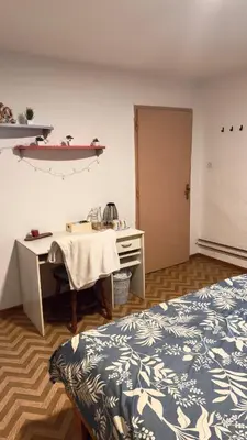 a bedroom with a desk and a bed and a table at Room Pstina in Slappe dʼIdria