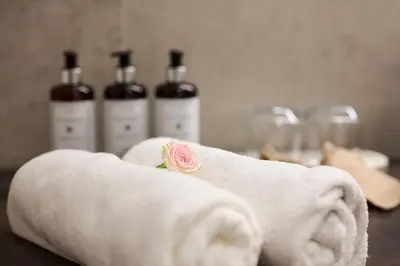 a towel with a rose on it with three bottles of wine at Butični gorski spa hotel Rimski vrelec in Kotlje