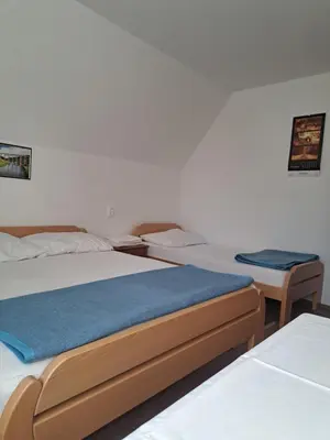 two beds sitting next to each other in a room at Gostišče Jelka in Pohorje