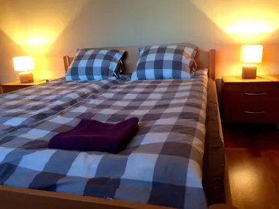 a bedroom with a blue and white bed with two pillows at Apartment and rooms Maraton in Kranjska Gora