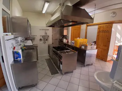 a kitchen with a stove and a sink at Tau Forest Lodge in Solkan