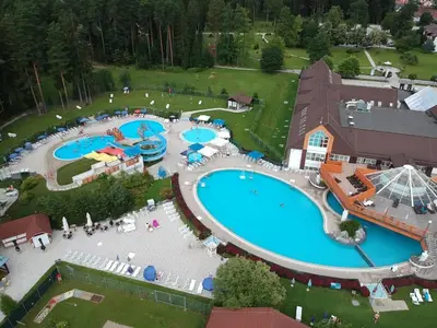 an aerial view of a pool at a resort at Apartma Roglina in Zreče