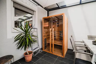 a room with a potted plant and a window at Holiday Home Tinkara with IR Sauna in Čatež ob Savi