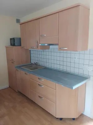 a kitchen with wooden cabinets and a blue counter top at Julijana's Holiday Home in Brežice