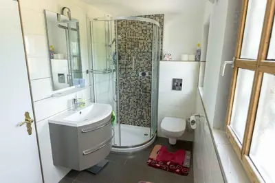 a bathroom with a shower and a toilet and a sink at Holiday Home with BBQ in Novo mesto 54727 in Novo Mesto