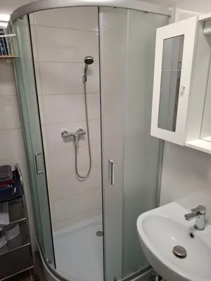 a bathroom with a shower and a sink at Apartma Dividenda in Ptuj