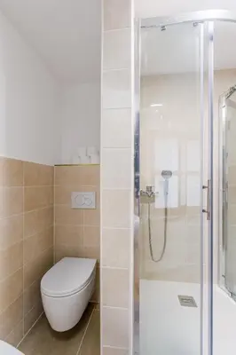 a bathroom with a toilet and a shower at Holiday Home Pr'Lukčevih with 4 Bedrooms & Indoor Sauna in Kanal