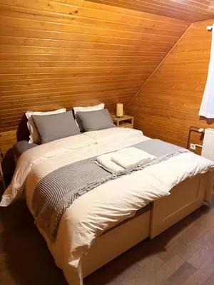 a bedroom with a large bed with wooden walls at Wooden Cabin in Ljubljana in Ljubljana