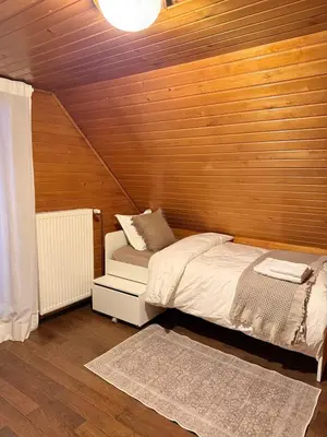 a bedroom with a bed and a wooden wall at Wooden Cabin in Ljubljana in Ljubljana