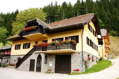 a building with flower boxes on the side of it at Tourist Farm Arbajter in Resnik