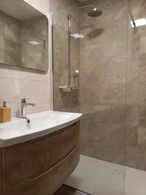 a bathroom with a sink and a glass shower at Tourist Farm Arbajter in Resnik