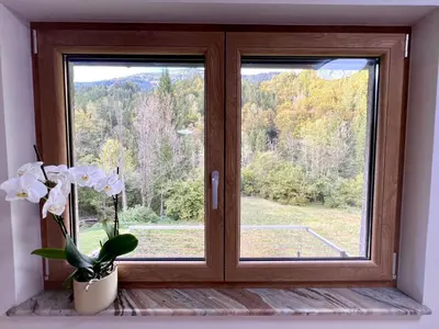 a window with a vase of flowers on a window sill at Sunflower in Kranjska Gora