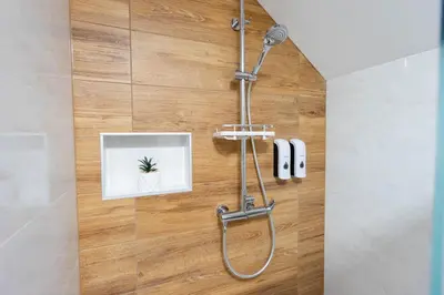 a shower in a bathroom with a picture of a plant at Apartment Angelina in Metlika