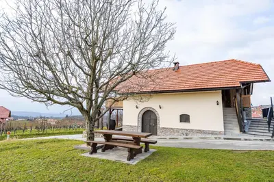 a picnic bench in front of a building with a tree at Apartment Angelina in Metlika