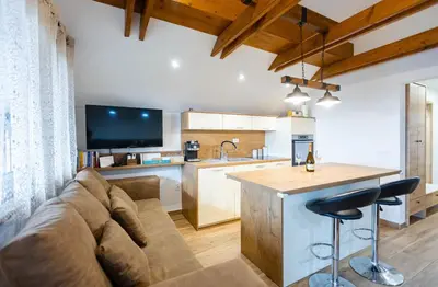 a living room with a couch and a kitchen at Apartment Angelina in Metlika