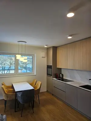 a kitchen with a table and chairs and a dining room at APARTMENTS MURIC LJubljana in Ljubljana