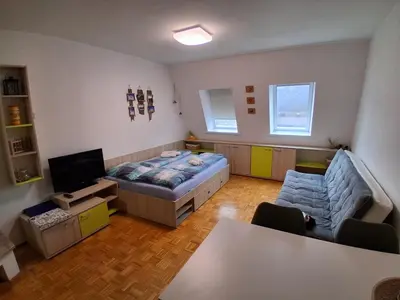 a small room with a bed and a television at MATT Cozy Stay in Bovec