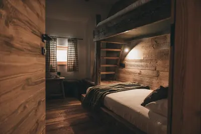 a bedroom with a bunk bed and a wooden wall at Domačija Majer'ca in Bohinj