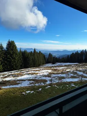 a view of a snow covered field from a window at Apartma Ajdovka Rogla in Rakovec