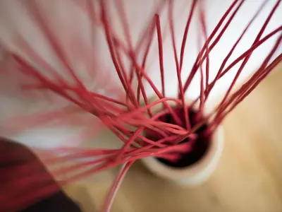 a bunch of red yarn in a red bowl at Apartment Appartement in Zasip mit Möblierter Terrasse by Interhome in Bled