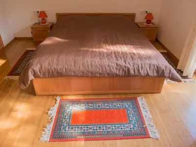a bedroom with a bed and a rug on a wooden floor at Apartment Kleines Haus am Rande des Waldes by Interhome in Kranj