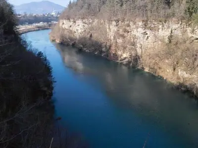 an aerial view of a river with blue water at Apartment Kleines Haus am Rande des Waldes by Interhome in Kranj