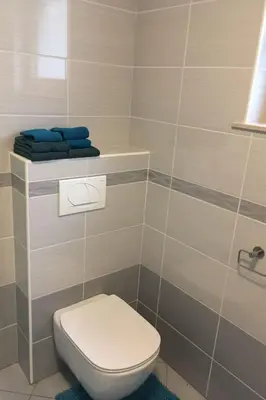 a bathroom with a white toilet and blue towels at Apartment Wohnung Lapanja 2 mit Gemeinschaftsgarten by Interhome in Slappe dʼIdria