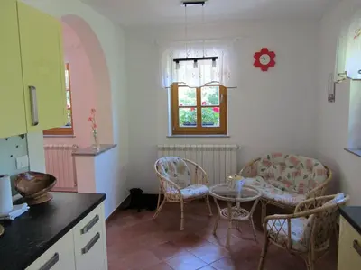 a kitchen with a table and chairs and a window at Holiday Home Geräumiges Ferienhaus inmitten der Natur by Interhome in Dolenja Trebuša