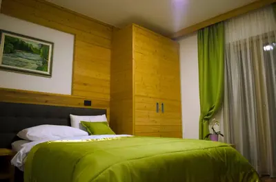 a bedroom with a bed with a green blanket at Guest House Gostišče Jutriša in Rogatec