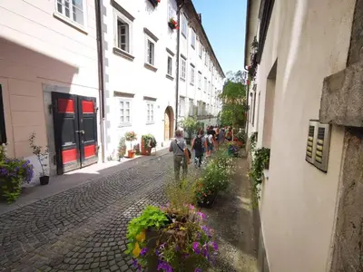 a group of people walking down a street with flowers at Sweetheart Apartment in Ljubljana