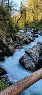 a river with blue water and rocks and a wooden rail at Apartma Žvan in Bled