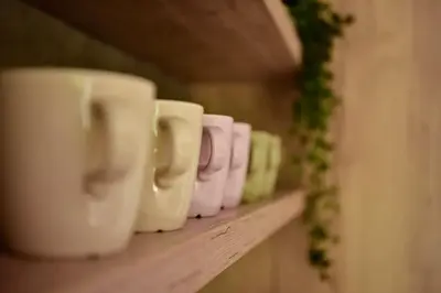 a row of coffee cups lined up on a shelf at Apartmaji nad potokom in Železniki