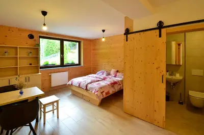 a bedroom with a bed and a desk and a sink at Apartmaji nad potokom in Železniki