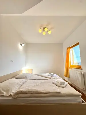 a bedroom with a large bed with a ceiling at Apartments & Rooms Domacija Krnc in Hrib pri Hinjah