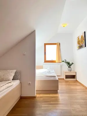 a bedroom with a bed and a window at Apartments & Rooms Domacija Krnc in Hrib pri Hinjah