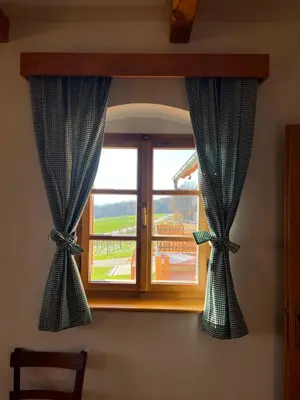 a window with blue curtains in a room at Iža na brejgi in Moravske Toplice
