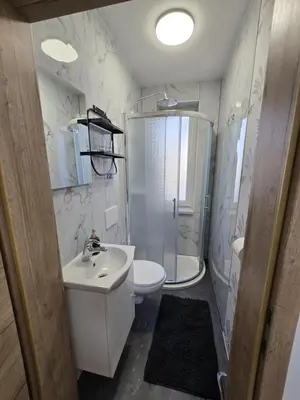 a bathroom with a sink and a shower and a toilet at Prenočišca Dany 4 in Dravograd