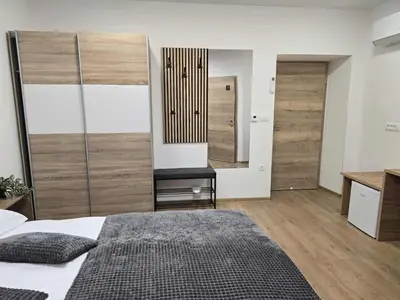 a bedroom with a bed and a desk and a chair at Prenočišca Dany 4 in Dravograd