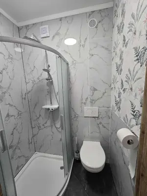 a bathroom with a shower and a toilet and a sink at Prenočišca Dany 4 in Dravograd