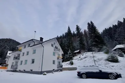 a black car parked in front of a building in the snow at Baguettes apartment in Oplotnica