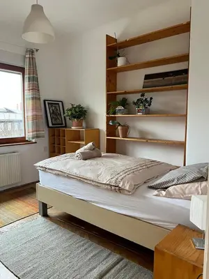a bedroom with a large bed and shelves at Being eco in Ljubljana in Ljubljana