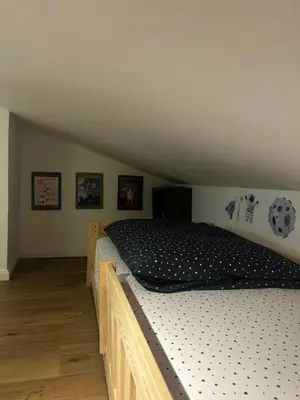 a bedroom with a bed with a black and white comforter at Velvet Alps Bovec in Bovec