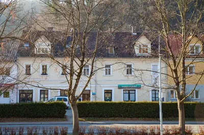 a white building with trees in front of it at Apartments Artorius Laško in Laško
