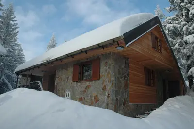 a cabin with snow on the roof in the snow at Apartment Cokla Rogla in Zreče