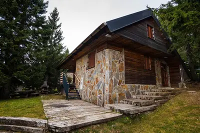 a log cabin with a porch and a person standing in front of it at Apartment Cokla Rogla in Zreče
